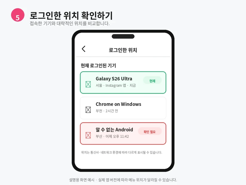 인스타그램 로그인 기록과 접속 기기 확인 화면